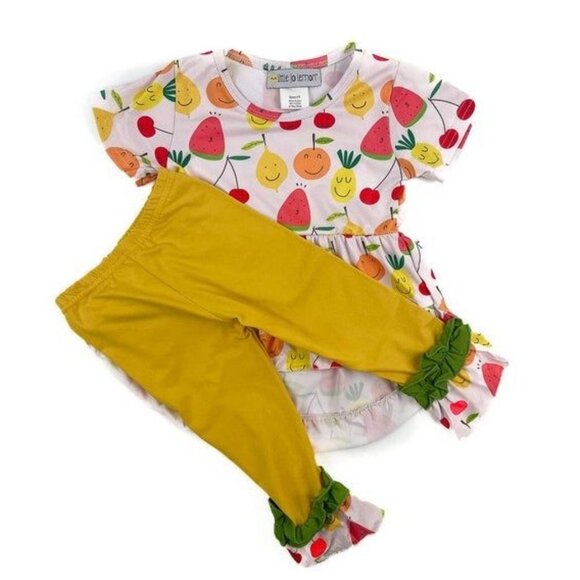 Little Jo Lemon Toddler Girls 7/8 Yellow Ruffle Leggings & Fruit Print Tunic Set - Picture 1 of 5
